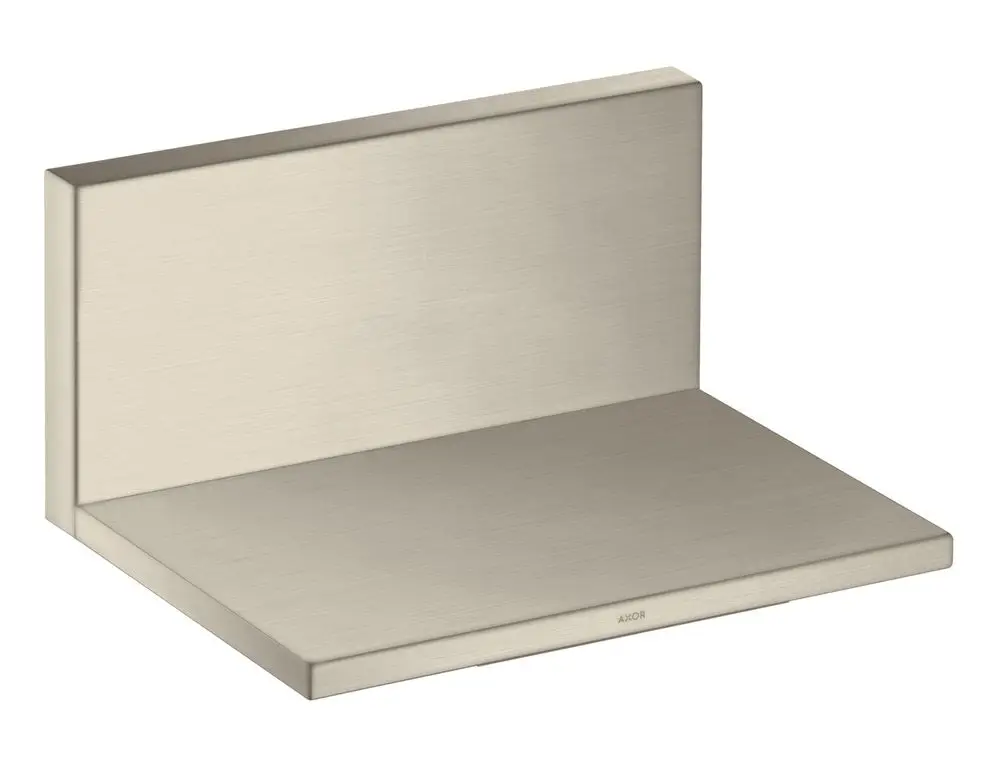 Unterputz-Wandablauf aus gebürstetem Nickel. Das Produkt zeigt eine flache Ablagefläche mit erhöhter Rückwand. Markenlogo "AXOR" am unteren Rand sichtbar.